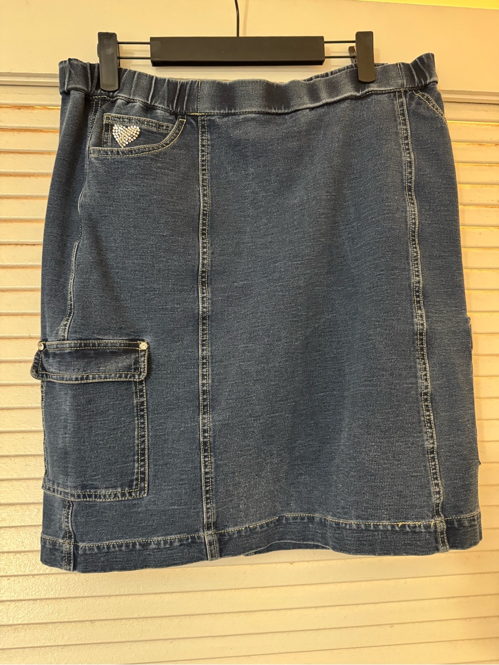 Rhinestone Heart Dark Blue Denim Mini Skirt with Cargo Pocket